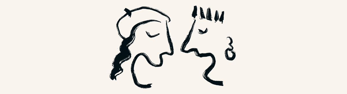 En håndtegnet illustration af to mennesker der taler sammen.